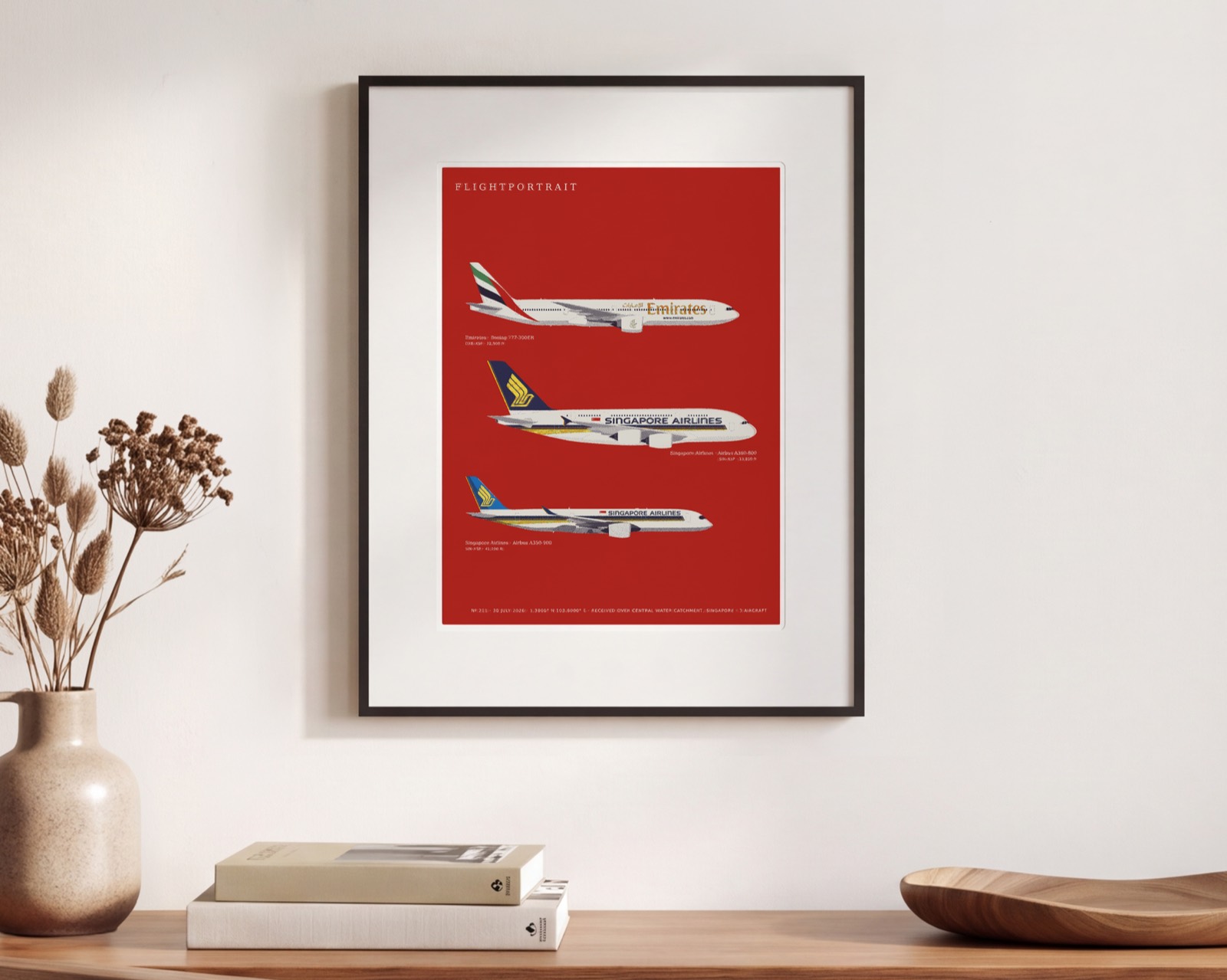 A FlightPortrait hanging above a console table, with no cable
                running to it.